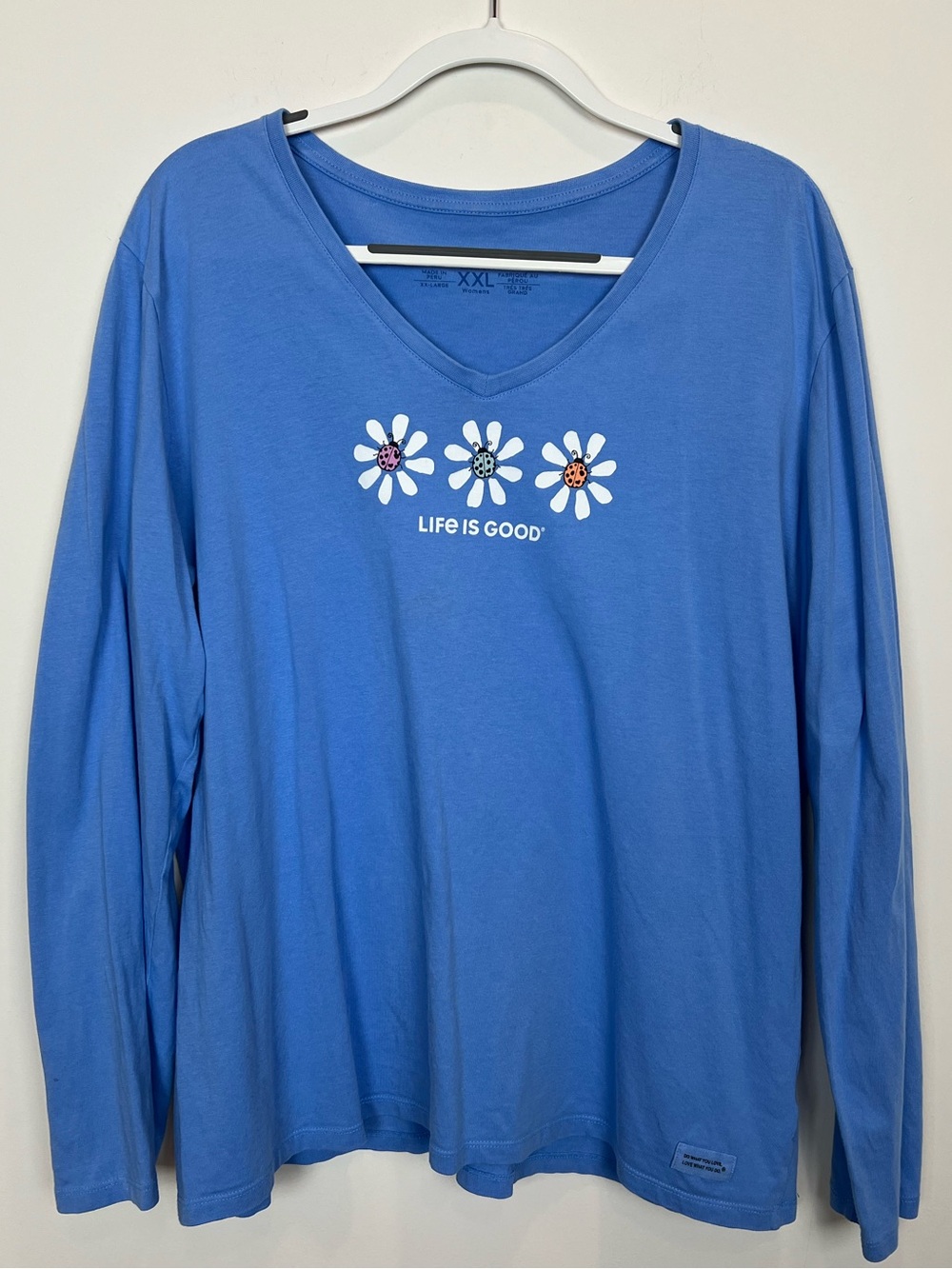 Life Is Good Periwinkle Blue Long Sleeve V-Neck Tee with Daisy Graphic